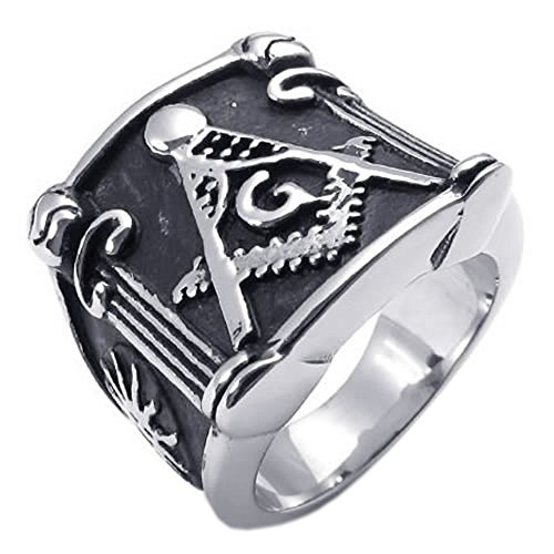 KONOV Vintage Embossed Freemason Masonic Stainless Steel Mens Ring, Black Silver