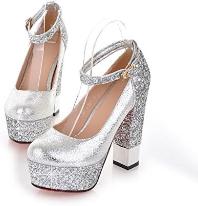 Shoes round Europe and super high heels thick with singles shoes to help low-Silver Foot Length=22.4CM=8.8In