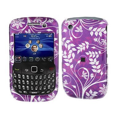 Crystal Hard Purple Cover With White leaves Design Case for RIM BlackBerry Curve 8520 T-Mobile + Swivel Belt Clip [WCM399]
