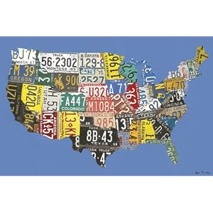 Oopsy daisy Studio Avo License Plate USA Map- Blue Stretched Canvas Wall Art by Aaron Foster, 30 by 20 Inches