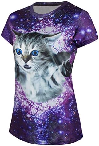 Pink Queen Women's Galaxy Cat Short Sleeve Purple Summer Shirts