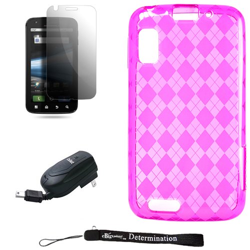 Pink Premium Durable TPU Skin Cover Case with Back Argyle Design for Motorola ATRIX 4G Cell Phone + Includes a Screen Protector + Includes a Retractable Home Charger + Includes a Retractable Car Charger