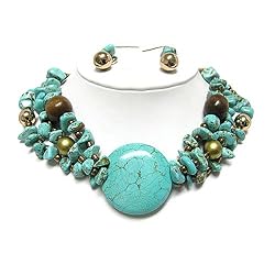 Turquoise Round Stone Pendant and Multi Stone Necklace Earrings Set