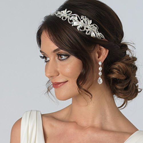 USABride Beaded Floral Side Headband, Silver-Tone Rhinestone Bridal Headpiece 3189