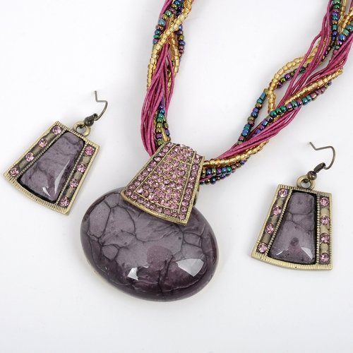 best deals Comeonbuying Handmade Knit Purple Violet Crystal Dangle Earrings Pendant Chain Necklace Set Valentines Day Gift Best Deals