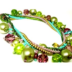 Crystal Pearl Green Peridot Amethyst Aqua Herringbone Bracelet Flexible Time for All Things - Fair...