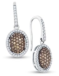 10K White Gold Round Brilliant Cut Chocolate Brown and White Diamond - Oval Shape Halo Channel Set Dangle Earrings - (3/4 cttw.)