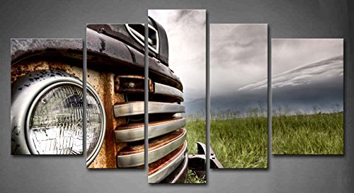 5 Panel Wall Art Old Vintage Truck On The Prairie Painting Pictures Print On Canvas Car The Picture For Home Modern Decoration piece (Stretched By Wooden Frame,Ready To Hang)