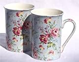 Fine English Bone China Mugs – Victorian Rose Chintz on Blue – Set of Two