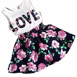 Mosunx(TM) Baby Girls Sleeveless Floral Princess Party Dress Vest+Skirt Set Clothes (6-7 Years, Navy)