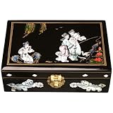 Handmade Black Lacquer & Mother Of Pearl Jewelry Box With Mirror - Fishing Among Lotus Flowers