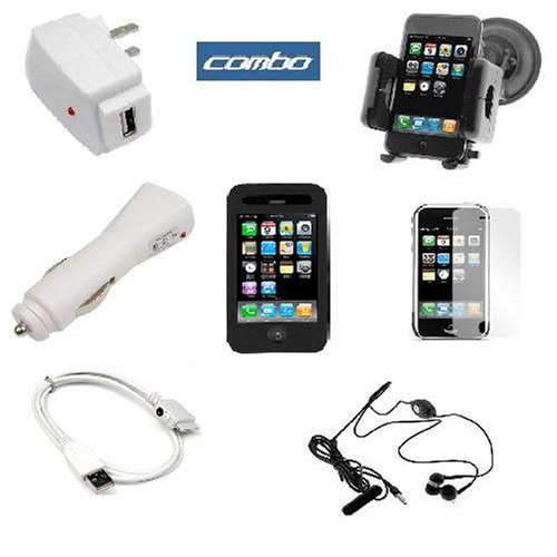 Black Silicone Skin Case + 3.5mm Stereo Headset Handsfree W/ Microphone + USB Data Cable + USB Car Charger + USB Home Charger + Clear Reusable Full LCD Screen Protector + Windshield Car Mount Holder with Large Suction Cup for Apple 2nd Generation Iphone 3G Smartphone