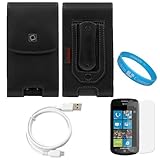 Executive Leather Protective Vertical Pouch Case with Removable Adjustable Belt Clip for Samsung Focus Samsung i917 Windows Mobile Phone + Clear Screen Protector + Micro USB Data Cable + SumacLife TM Wisdom Courage Wristband