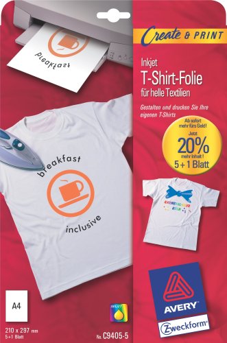 Avery Zweckform, C9405-5, 5 Blatt, T-Shirt Folie für helle Textilien, A4mm
