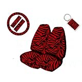 A Set of 2 Universal Fit Animal Print High Back Bucket Seat Covers, Wheel Cover, 2 Shoulder Pads, and 1 Key Fob - Zebra Red