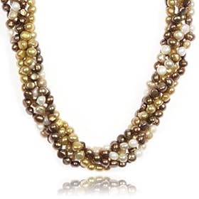 Sterling Silver Shortener Three-Strand Golden, Chocolate, and Multi-Color Freshwater Cultured Pearl Necklace, 36"