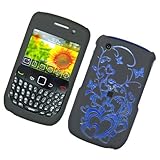 BLACK WITH BLUE LASER CUT FLOWER BUTTERFLY RUBBERIZED SNAP ON HARD SKIN SHELL PROTECTOR COVER CASE FOR BLACKBERRY CURVE 8520 8530 + BELT CLIP + IN RETAIL PACKAGE