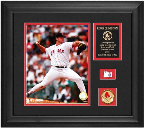 Roger Clemens Boston Red Sox Framed Photograph with Team Medallion and Game Used Baseball Piece