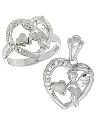 Sterling Silver Cupid Heart Ring & Pendant Set CZ Stones Rhodium Finished