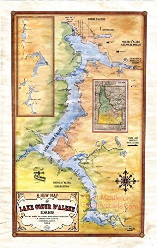 065-Lake Coeur D'Alene, Idaho Custom Designed by Lisa Middleton, Antique Map Print