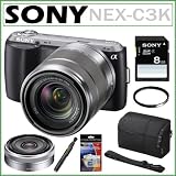 Sony Alpha NEX-C3K 16 MP Compact Interchangeable Lens Digital Camera in Black with Sony SEL1855 18-55mm Zoom Lens and SEL16F28 16mm Wide-Angle Lens + Sony 8GB SDHC + Lens Filter + Sony Case + Accessory Bundle