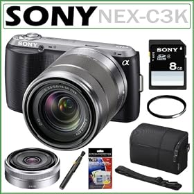 Sony Alpha NEX-C3K 16 MP Compact Interchangeable Lens Digital Camera in Black with Sony SEL1855 18-55mm Zoom Lens and SEL16F28 16mm Wide-Angle Lens + Sony 8GB SDHC + Lens Filter + Sony Case + Accessory Bundle
