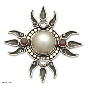 Pearl and topaz brooch pendant, 'Four Winds' 2.1 W 2.1 L by