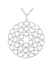 Sterling Silver Love Heart Circle Charm Womens Pendant Necklace with Chain