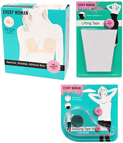 Every Woman Deep Plunge for Lifting & Shaping Wing Bra Backless Strapless Adhesive: Black, D + Lifting Tape to Keep Dresses Up 10 Clear Double Sided Adhesive Strips + Dressing Tape Roll 10 Feet Double Sided Adhesive Tape