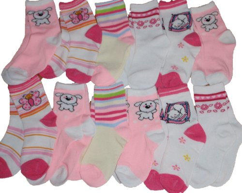Bulk 12 Pair Toddler GIRL Crew Socks Colorful Designs Size 4T