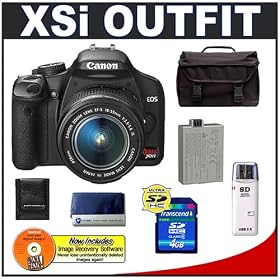 Canon Digital Rebel XSi 12.2MP Digital SLR Camera (Black) + Canon EF-S 18-55mm IS Lens + Spare LP-E5 Battery + 4GB Card + Gadget Bag