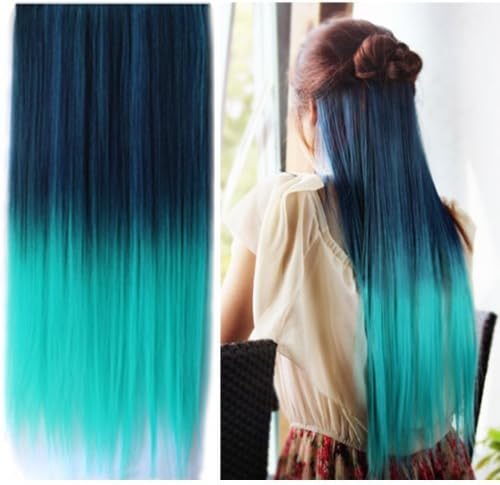 Newfangled Dip-dye Color Clip in Hair Fashionable Multicolor Gradually Varied One Piece Straight Synthetic Clip-on Hair Extension 60cm Length+1 Sticky Notes included (green)
