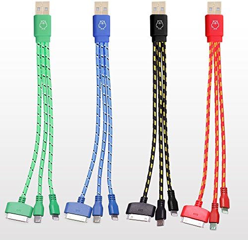 8 Pin Charger And Sync Cable - Perfect For Use With Car Charger - Power 3 Devices Simoltaneously At Full Speed - Nylon Braided - (Pack Of 4X Cables) (BOS-25U) 3-In-1 Hi-Speed 15.7 Inches/1.3 ft/40 CM Short Cables [Micro USB B To USB A, Lightning, 30 Pin] - Free 30 Days Money Back Guarantee [18 Months Warranty]