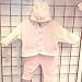 Hand Knitted Crochet Finished Pink and Natural Chenille Cardigan Pant Hat Set Trimmed with Rosebuds