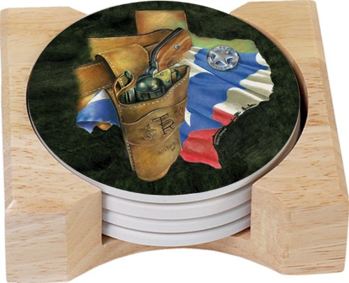 CounterArt Texas Ranger Design Round Absorbent Coasters in Wooden Holder, Set of 4
