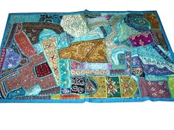 Christmas Gift- Cyan Blue Wall Decor Gujarati Wall Hanging Throw Patchwork Tapestry