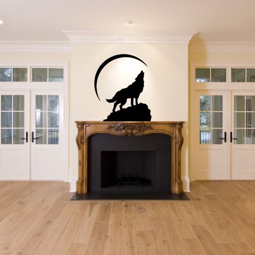 Tribal wolf under moon wall decor decal home living room office corp wall art mural (black)
