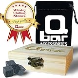 Q bar Accessories Whiskey Stones - Gift box w' 9 black Basalt Cube Chilling Rocks - Velvet Storage Pouch - Liquor and Wine Cooler - No More Taste Of Water - Premium Wooden Box - Free Ebook Bonus