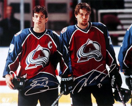Buy Joe Sakic and Peter Forsberg Colorado Avalanche Autographed 16x20 Photograph by Mounted Memories