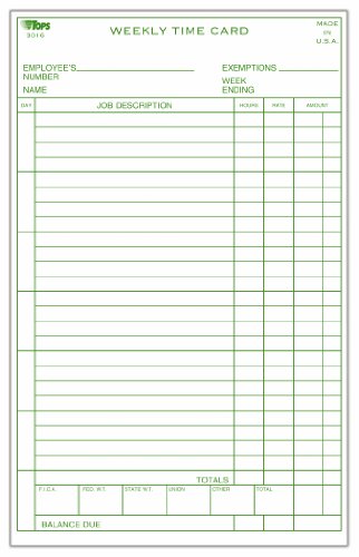 TOPS Weekly Time Cards, Index Bristol Stock, 4.25 x 6.75 Inches, 100-Count, White, (3016)