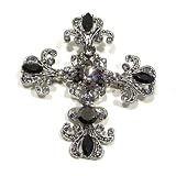 Black & Smokey Austrian Rhinestone Silver-Tone Cross Brooch Pin / Pendant (Dual Function)