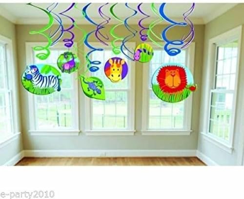 (12pc) JUNGLE SAFARI ANIMALS FOIL SWIRL DECORATIONS ~ Birthday Party Supplies