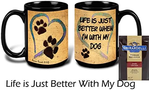 Life is Just Better With My Dog-Pawmarks on my Heart - Mug 15 oz - includes 1 package of Ghirardelli Double Chocolate Hot Cocoa - Boxed