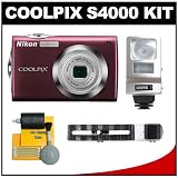 cheap Nikon Coolpix S4000 12 MP Digital Camera with 4x Optical Zoom (Plum) with + Flash + Cleaning Kit