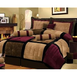 7 Pieces Brown Burgundy and Black Suede Patchwork Comforter Size 90" X 92" Bedding Set / Bed-in-a-bag Queen Machine Washable