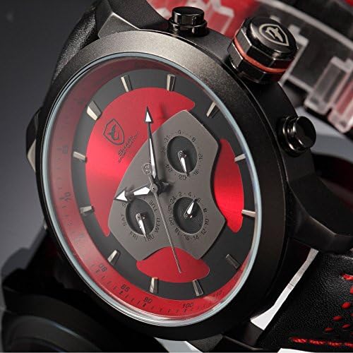 SHARK Military Day Date Analog Army Steel Sport Leather Men's Quartz Watch Red