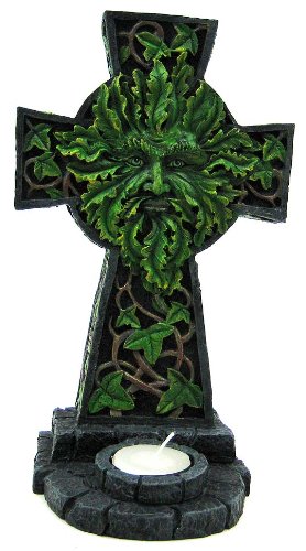 Green Man Celtic Cross Tea Light Candle Holder 