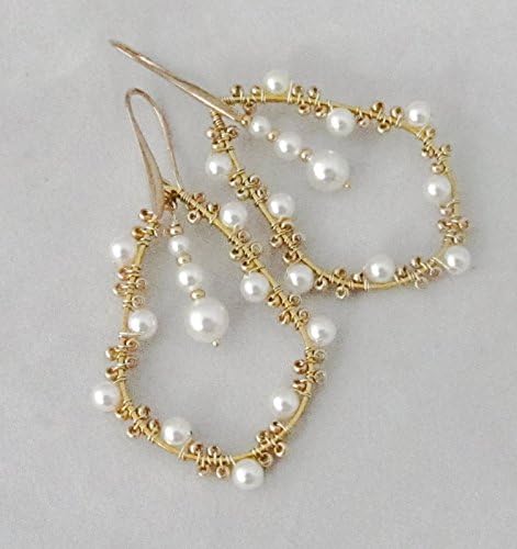 2 Inch Long, Handmade Beaded Teardrop Shape Gold Tone and White Swarovski Element Simulated Pearl Earrings. Wedding, Bridal, Women's Fashion Jewelry.