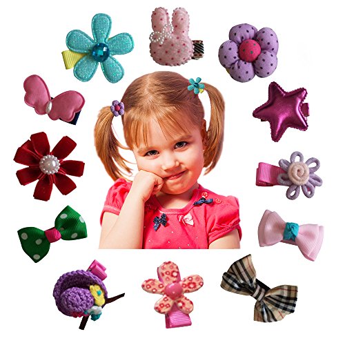 Hair Clips Barrettes Assorted Cute Flowery Ribbon Bows Style B-Series - 12 pcs of Uniquely Designed For Baby, Toddler, and Young Girls