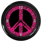 Black Wall Clock of Flowered Peace Symbol Hot Pink